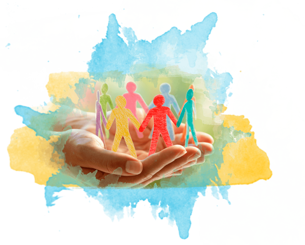 Hands holding colorful paper cut-out figures with a watercolor background.