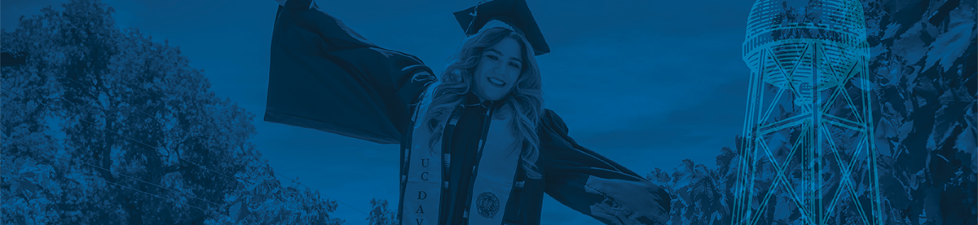 the word "Avanza" is over the top of a blur duotone image of Yissel Martinez wearing UCD graduation cap and gown, and jumping in a vineyard